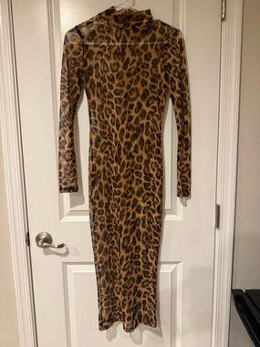 Jluxlabel Leopard Print Sheer Long Sleeve Bodycon Midi Dress - Brown